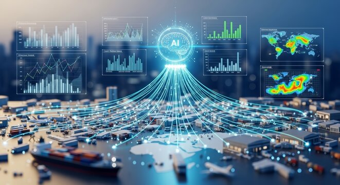 AI-driven global logistics network optimizes supply chain, transport, and operations using data analytics for smart, efficient, and worldwide connectivity