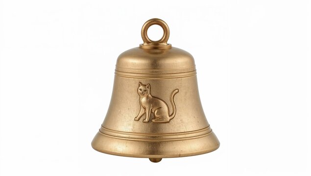 Swiss cowbell with cat motif brass engraving isolated rustic decorative animal bell traditional swiss souvenir