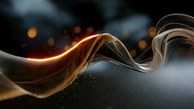 Elegant golden and dark fluid ribbons undulate through a dark void with shimmering golden particles and soft bokeh lights