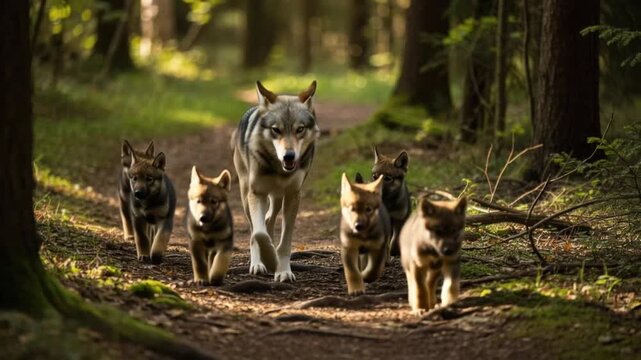 Wolf Pack Walking Through Forest Path.