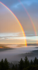 Naklejka premium A breathtaking double rainbow arcs vibrantly over a tranquil, mist-filled forest valley, creating a serene and magical concept of nature's beauty and the hopeful light after rain