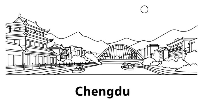 Minimalist line art skyline of Chengdu with Anshun Bridge and mountain backdrop illustration