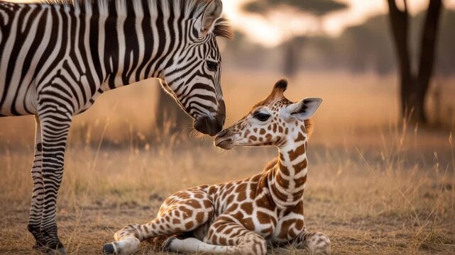 Zebra and Baby Giraffe Interaction in Savanna.
