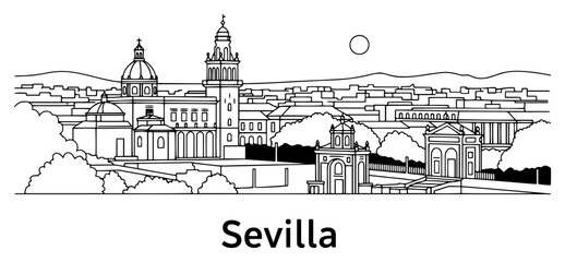 Naklejka premium Minimalist line art skyline of Sevilla with Giralda tower and historic landmarks illustration