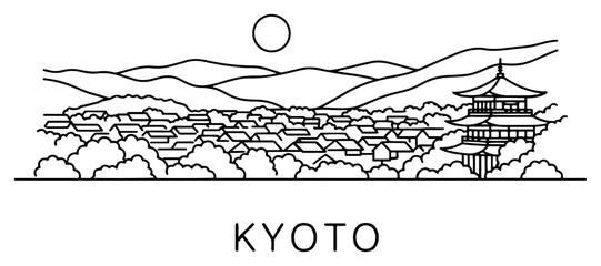 Naklejka premium Minimal Line Art Kyoto Skyline with Pagoda and Mountain Range Outline Illustration