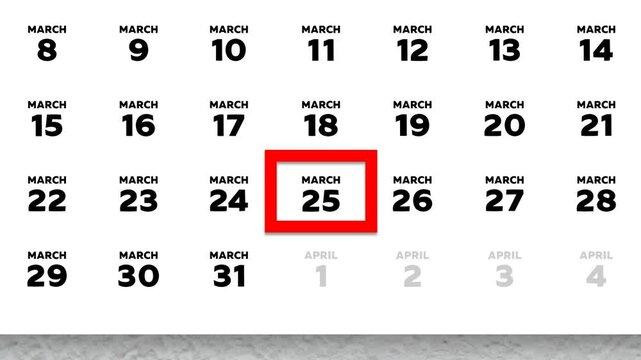 The date March 25thmarked with a red cursor on the wall calendar 2026