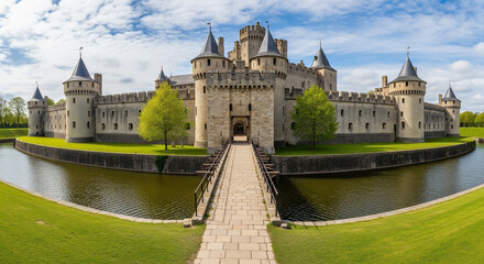 Obraz premium Elegance of the Castle: A majestic medieval castle, surrounded by a serene moat and lush green landscapes, stands as a testament to history and architectural splendor under a clear, vibrant sky.