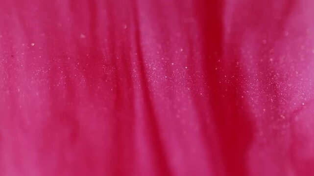 Spilling ink. Color water. Defocused pink red glitter sparkling emulsion flow wet chemical fluid drip floating on abstract creative art.