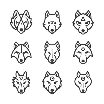 Nine Stylized Wolf Head Icons with Geometric Designs