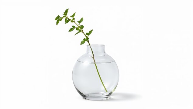 Single catnip sprig in clear glass vase with water on white background, minimalist botanical decoration, fresh green plant