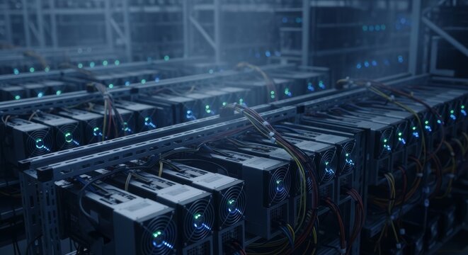 Rows of advanced computing servers actively processing data in a high-tech facility, representing the core of powerful digital infrastructure and distributed network operations