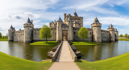 Obraz premium Baardegem Castle: A majestic medieval fortress stands proudly, reflected in the serene waters of its moat. A picturesque scene of history.