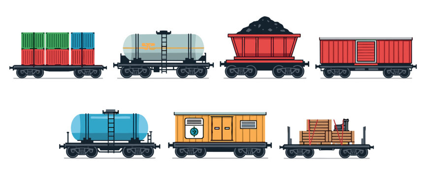 Collection of colorful cartoon freight train wagons shown in side view, featuring various types like container cars, tankers, hoppers, and boxcars for industrial shipping