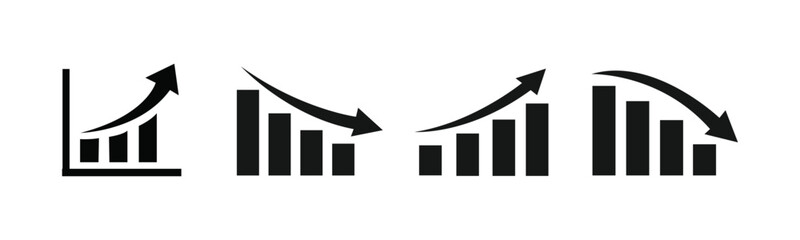 Growth and decline with simple bar charts Icon set and directional arrows. Vector illustration