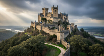 Obraz premium Medieval Citadel: A majestic fortress stands proud atop a hill, a testament to its storied past, with intricate stonework, formidable towers, and the dramatic play of light and shadow.