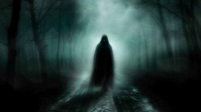 A spectral, cloaked figure stands on a fog-shrouded path through a dark forest