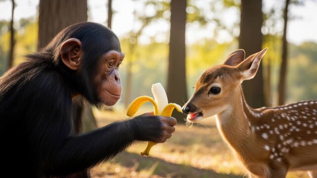 Monkey Feeding Deer in Forest Setting.