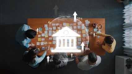 A diverse team engages in strategic planning, using colorful post-it notes and data visuals to...