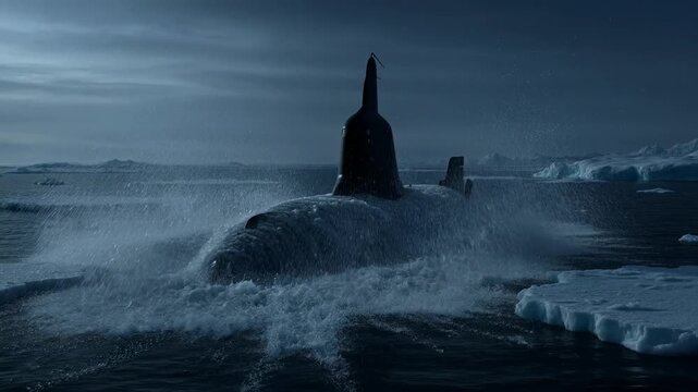 Submarine Surfacing Through Arctic Ice: Naval Vessel in Icy Waters, Military Operations, Underwater Exploration, Cold Environment