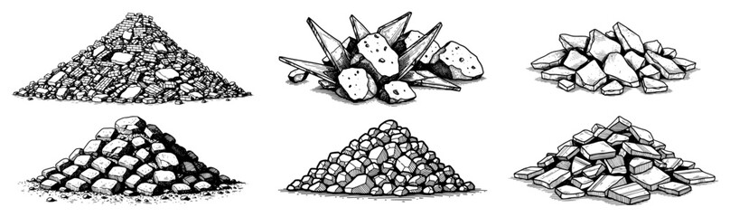 Collection of various stone piles and gravel heaps in vintage hand drawn style © AnjaliDesai