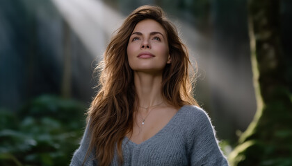 Fototapeta premium Woman enjoying sunlight in forest mindful wellness concept