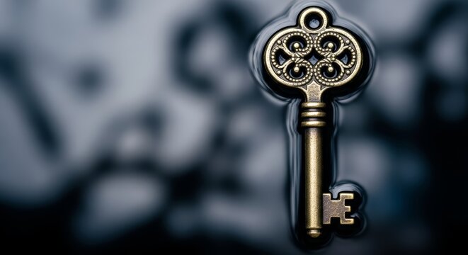 A close-up of an antique brass key resting on a dark, textured surface with a shallow depth of field creating a blurred background