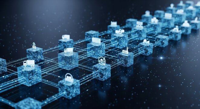 Digital network connection of decentralized blockchain nodes with cryptocurrency icons symbolizing global data security and financial technology