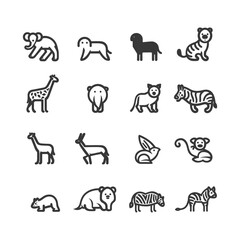 Fototapeta premium Set of 12 animal icons, including elephants, a giraffe, a tiger, a zebra, and a monkey