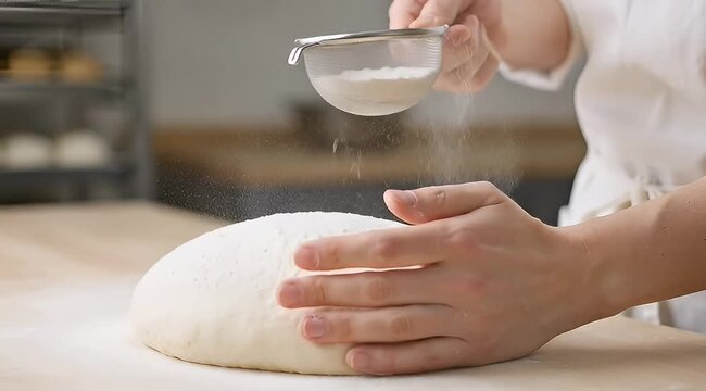 Baker sifting flour onto dough ball in a bakery setting closeup