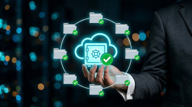 Secure cloud storage backup with glowing vault cloud icon and verified folder nodes representing encryption data protection file sharing and cybersecurity compliance