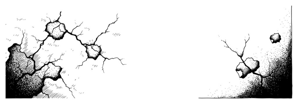 Detailed hand drawn engraving of cracked concrete and broken stone textures for backgrounds