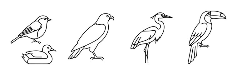 Obraz premium Collection of five different bird illustrations in a minimalist black line art style, featuring a toucan, heron, eagle, duck, and sparrow as a graphic icon set