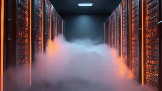 Cloud computing network with data storage servers illuminated in a futuristic server room filled with fog