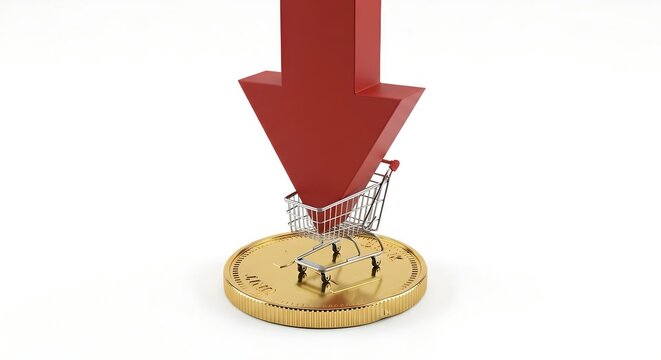 Red down arrow hitting shopping cart on coin