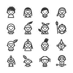 Fototapeta premium Set of 16 Native American Cartoon Characters in Line Art Style