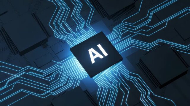 Artificial intelligence technology with glowing blue circuits and AI chip