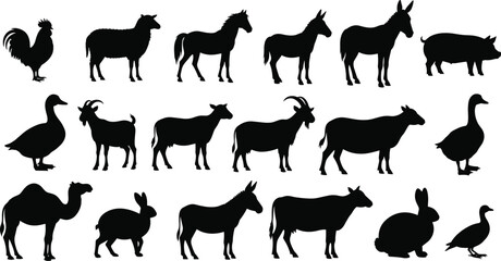 Black silhouettes of various farm and domestic animals on white background animal silhouettes farm animals © Borhan Creatives