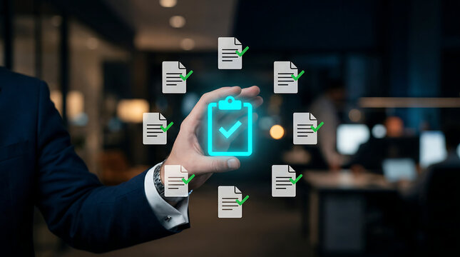 Compliance checklist audit approval with glowing clipboard checkmark and verified documents representing quality assurance inspection reporting governance and process control