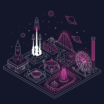 Futuristic Amusement Park with Space Theme and Rocket Launch.