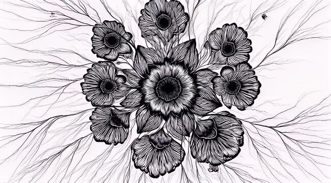 Abstract floral arrangement in black and white featuring intricate line work petals