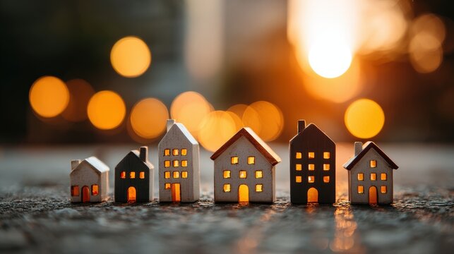 Miniature illuminated dwellings sit in a row against a warm evening backdrop