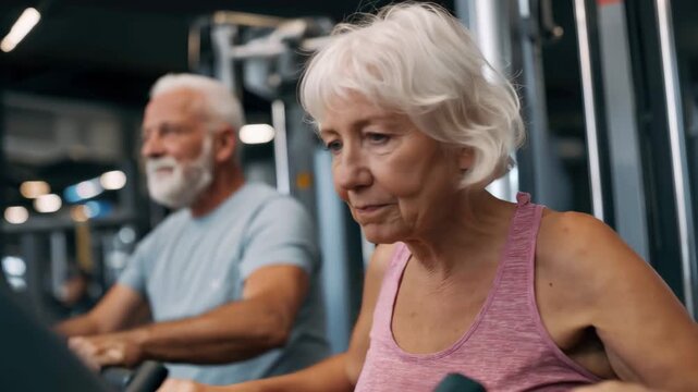 Elderly woman engages in fitness routine on exercise machine in modern gym while a man exercises nearby