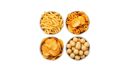 Four types of snacks in oval plates on black background