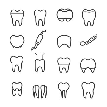Set of Dental Care Icons Including Tooth, Crown, and Tools