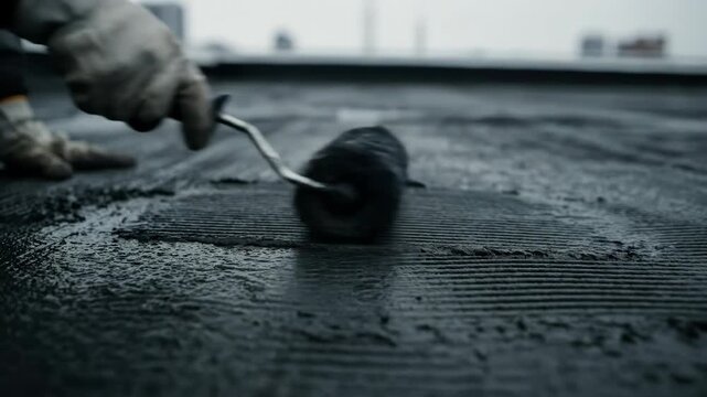Close-up of a worker's gloved hand applying a dark, viscous coating with a roller onto a flat surface, likely for waterproofing or sealing.