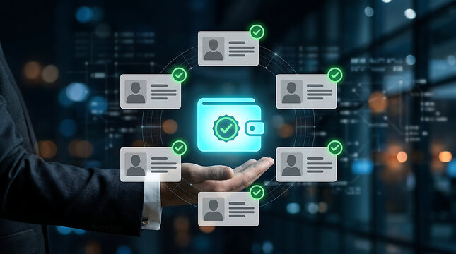 Digital identity wallet verification with glowing secure wallet icon and validated user cards representing credential management authentication privacy and compliance