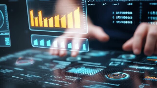 Medium shot of hands interacting with digital financial data on a touchscreen illustrating blockchain record keeping for secure transactions and transparent finance management.