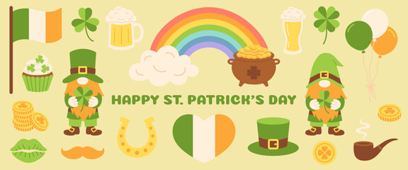 Happy StPatrick day set illustration with Irish symbols, leprechaun, rainbow, gold, beer, flag. Festive holiday greeting design for card, celebration, party, print. Flat vector. Hand drawn. Isolated. © Julia Preskurel