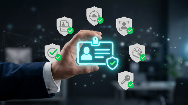 Identity verification and kyc compliance with glowing id card icon and security badges representing biometric authentication privacy protection and trusted access
