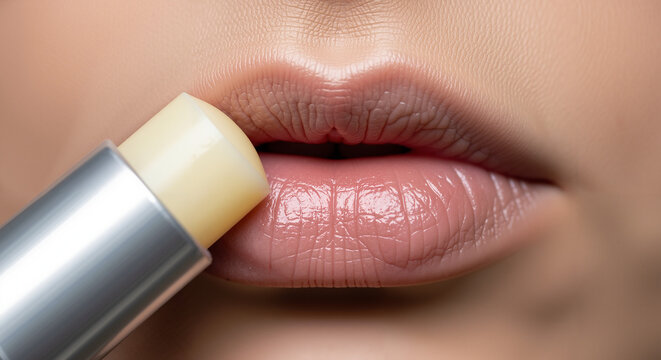 Close-up of woman applying lip balm on soft pink lips  